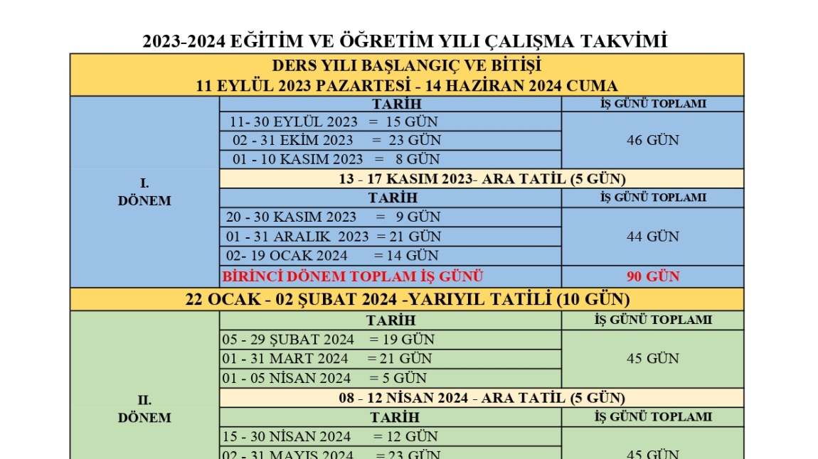 MEB 2023 - 2024 EĞİTİM - ÖĞRETİM YILI ÇALIŞMA TAKVİMİ